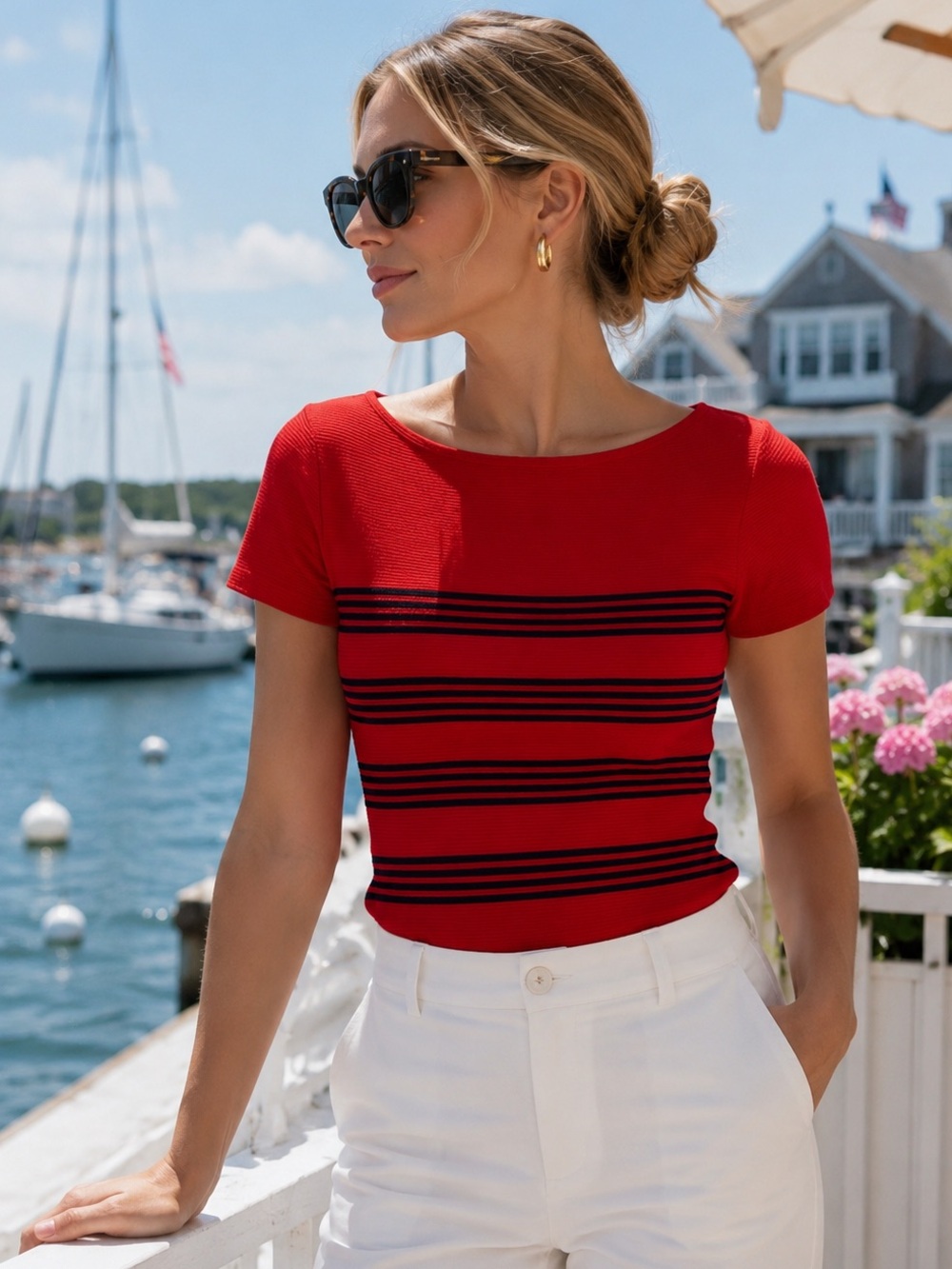 Lauren Ralph Lauren Red Ribbed Stripe Boat Neck Knit Top Nautical Stretch Tee